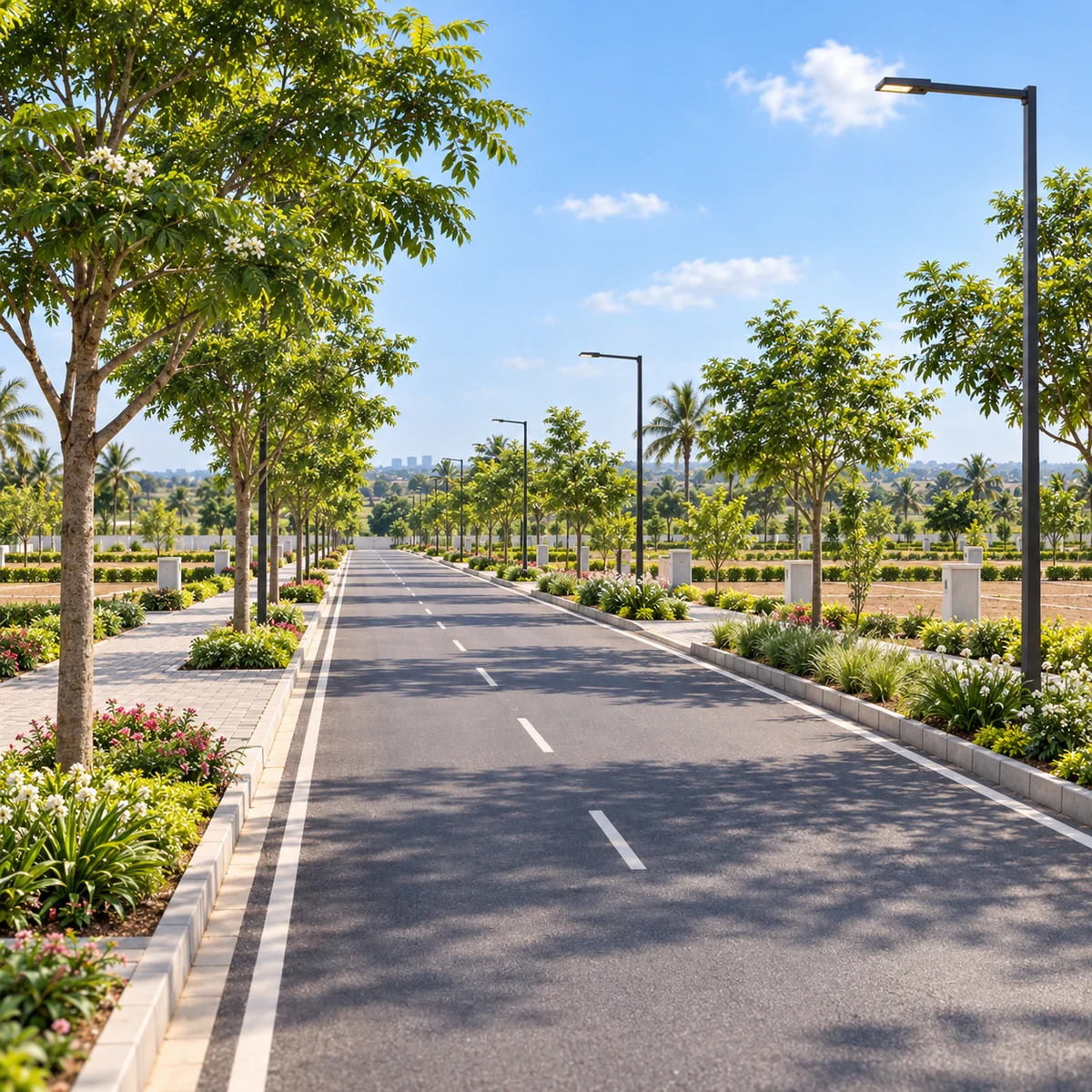 Adarsh Forest Glen tree-lined internal road with paved footpath and street lighting