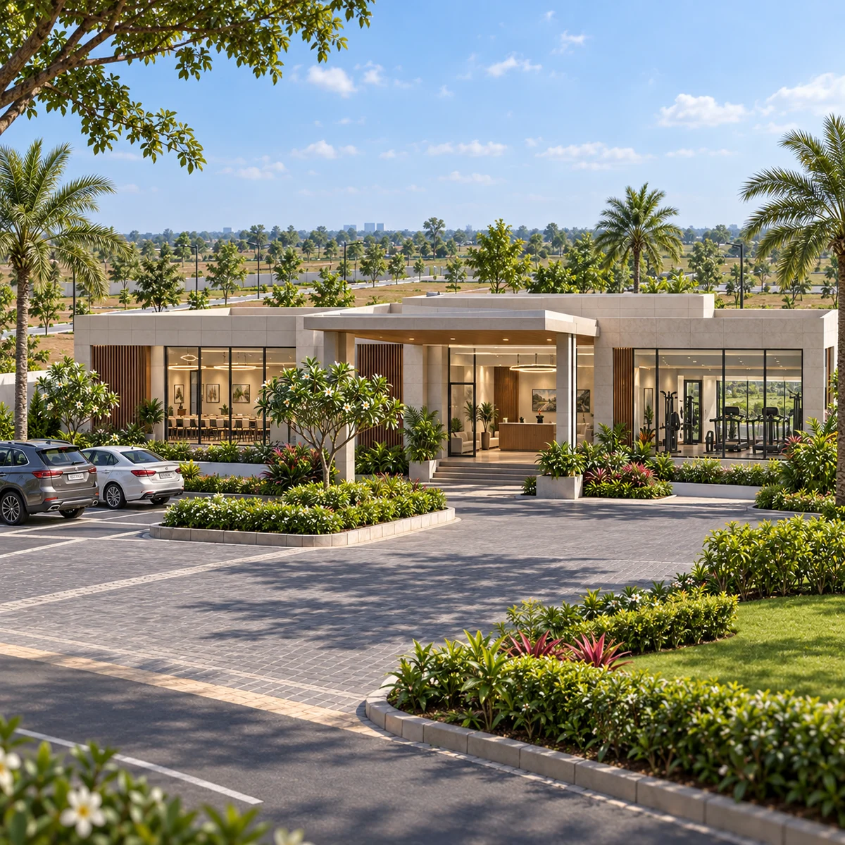 Adarsh Forest Glen amenity block with reception lounge, multipurpose hall and gym